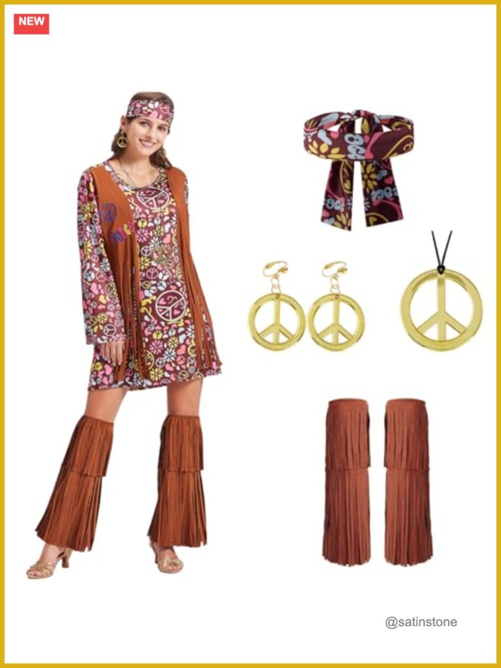 70s Disco Hippie Costume Dress Fringe Vest Accessories Set
